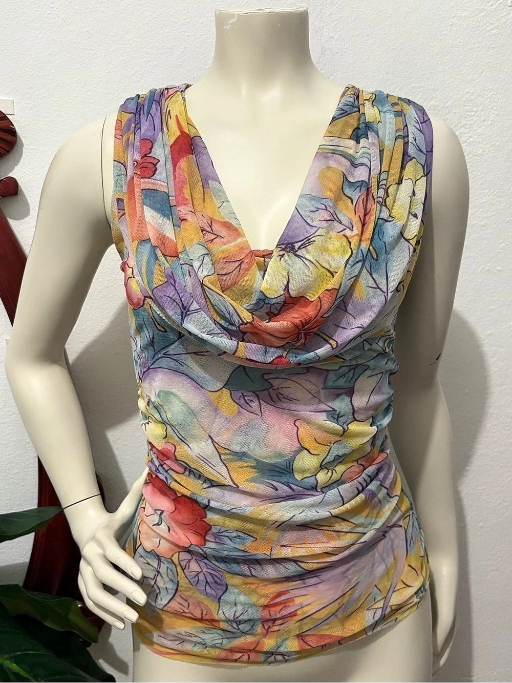 Y2K Arden B. Pastel Floral Cowl Neck Tropical Print Sheer Mesh Tank Size Medium